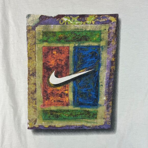 Vintage Nike Tennis Challenge Court Andre Agassi Art Swoosh T-Shirt L White* - Picture 2 of 14